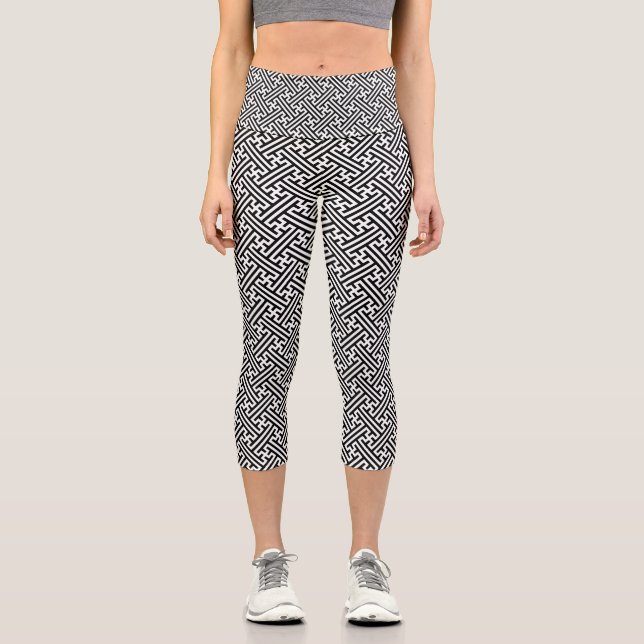 Sayagata pattern, Japanese, Black and White Capri Leggings (Front)