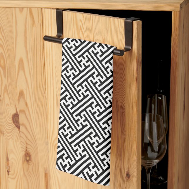 Sayagata pattern, Japanese, Black and White Tea Towel (Thirds Fold)