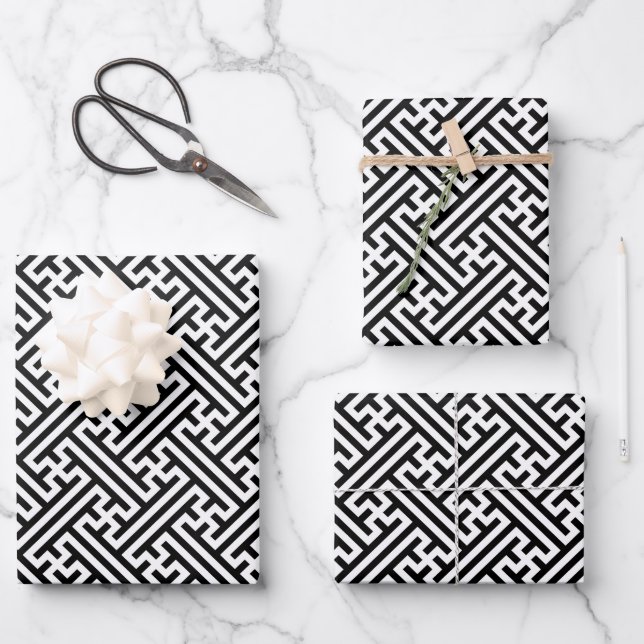 Sayagata pattern, Japanese, Black and White Wrapping Paper Sheet (Front)