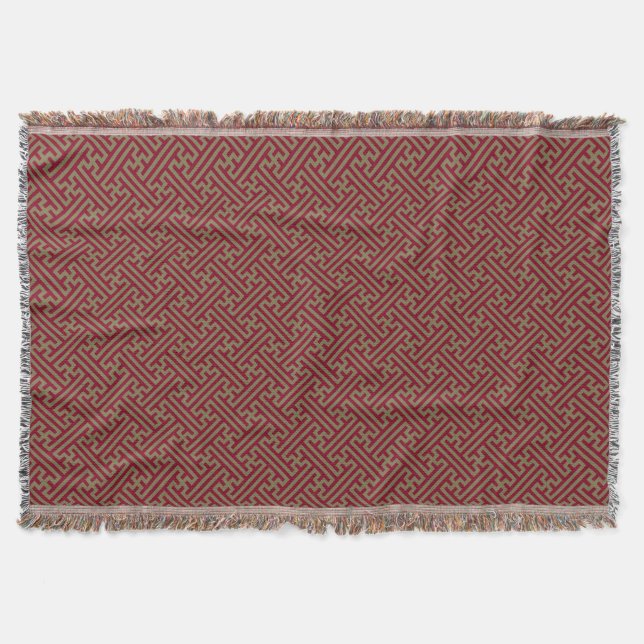 Sayagata pattern, Japanese, Burgundy and Gold Throw Blanket (Front)