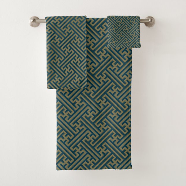 Sayagata pattern, Japanese, Gold and Navy Blue Bath Towel Set (Insitu)
