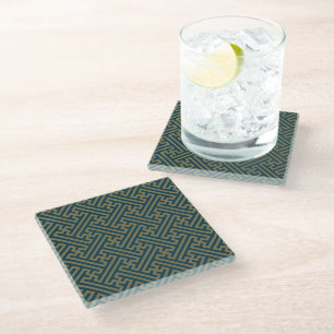 Sayagata pattern, Japanese, Gold and Navy Blue Glass Coaster