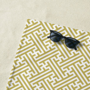 Sayagata pattern, Japanese, Gold and White Beach Towel