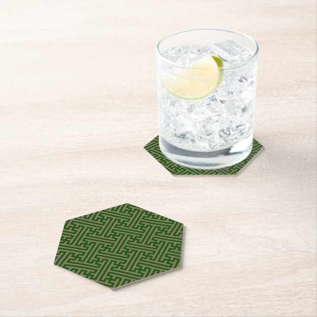 Sayagata pattern, Japanese, Green and Gold Paper Coaster (Insitu)
