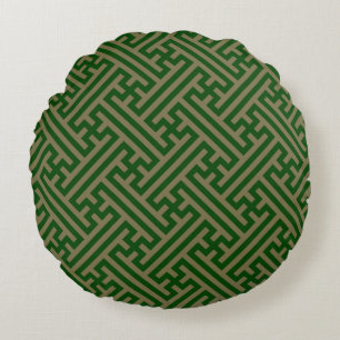 Sayagata pattern, Japanese, Green and Gold Round Cushion