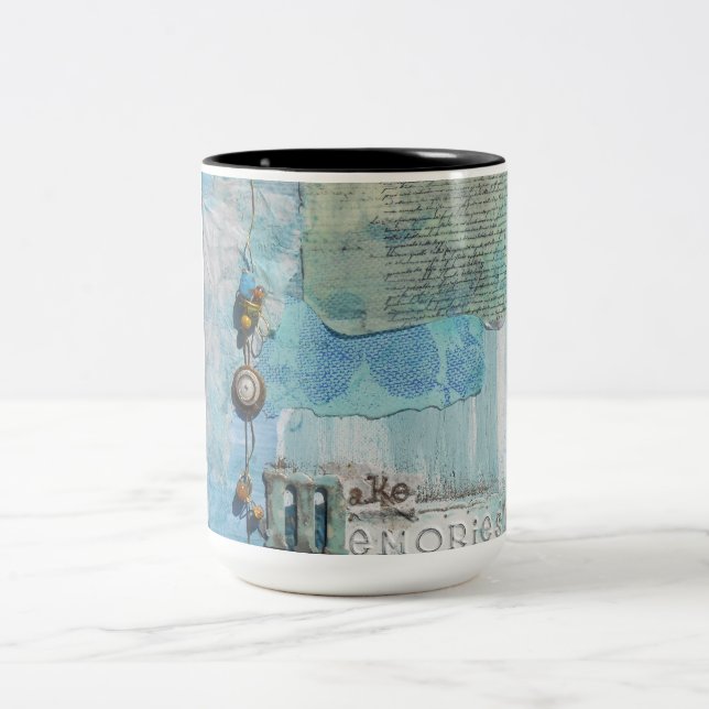 Saying Mixed Media Art Blue Two-Tone Coffee Mug (Center)