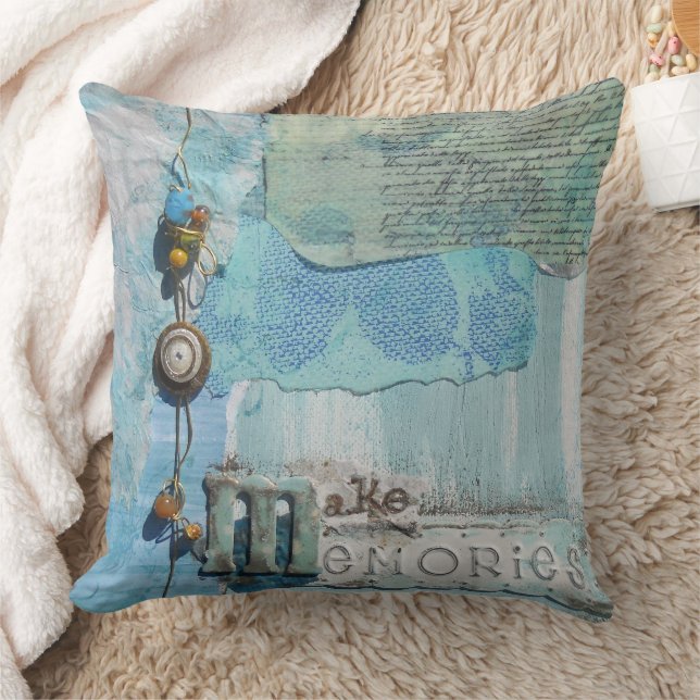 Saying Mixed Media Memories Blue Cushion (Blanket)