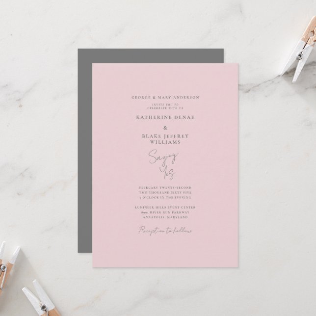 Saying Yes Pink & Grey Elegant Wedding  Invitation (Front/Back In Situ)