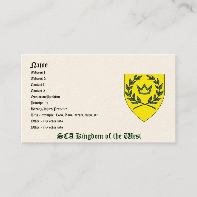 SCA Kingdom of the West Business Card (Front)