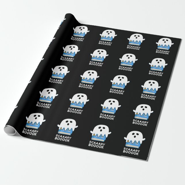 Scaaaary Booook Funny Ghost Book Pun Dark BG Wrapping Paper (Unrolled)