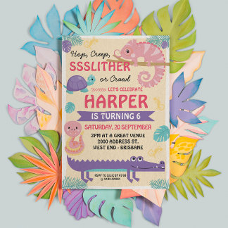 Scales and Tails Girl's Reptile Birthday  Invitation
