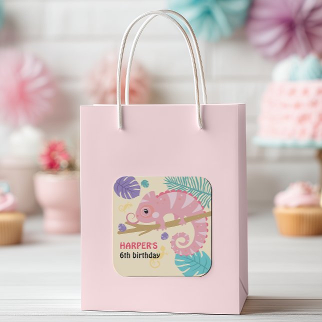 Scales and Tails Girl's Reptile Birthday  Square Sticker (You'll be “swamped” for guests with our scales and tails girl's reptile birthday party supplies! )
