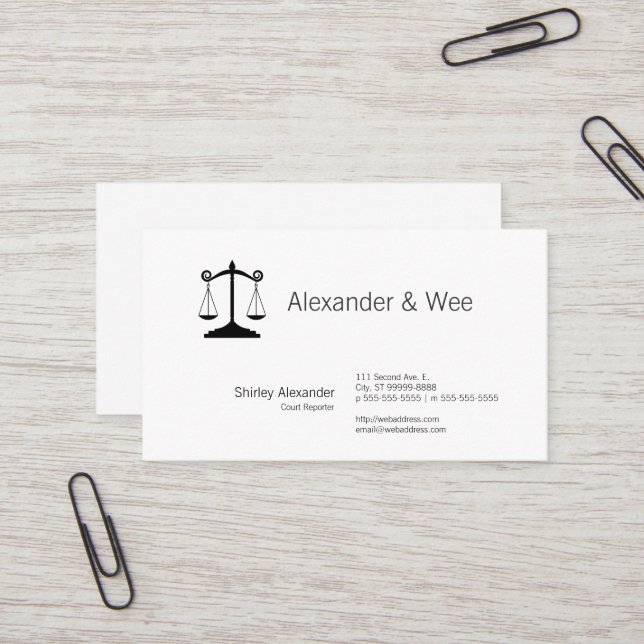 Scales of Justice Court Reporter Business Card (Front/Back In Situ)
