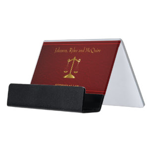 Scales of Justice on Dark Red Leather Desk Business Card Holder