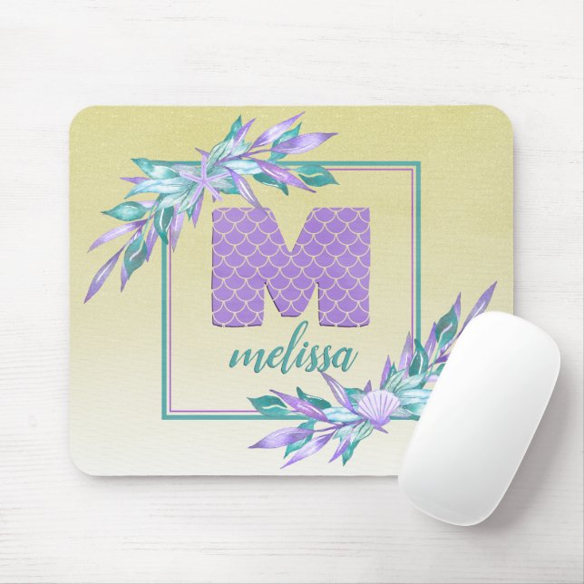 Scales Watercolor Purple Ombre Mermaid Monogram Mouse Mat (With Mouse)