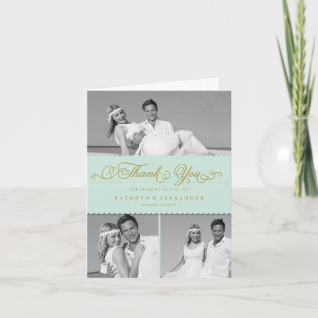 Scallop Band Romantic Script 3 Multi Photo Wedding Thank You Card (Front)