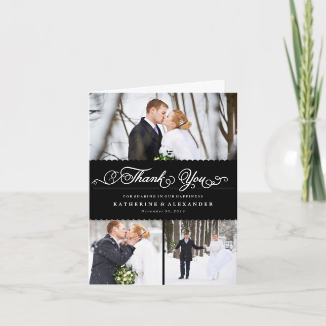 Scallop Band Romantic Script 3 Multi Photo Wedding Thank You Card (Front)