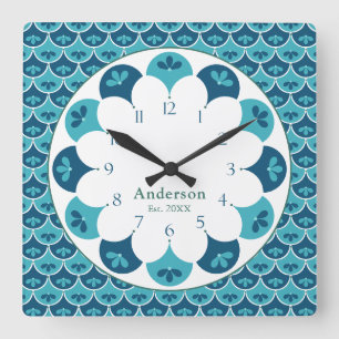 Scallop Floral Custom Colours Family Name Square Wall Clock