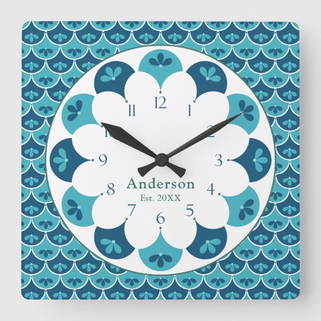 Scallop Floral Custom Colours Family Name Square Wall Clock (Front)