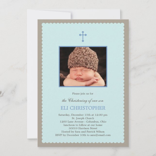 Scallop Frame Christening Invitation - Blue (Front)