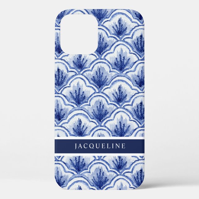 Scallop Pattern Chinoiserie Navy Blue White w Name Case-Mate iPhone Case (Back)