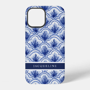 Scallop Pattern Chinoiserie Navy Blue White w Name iPhone 12 Case