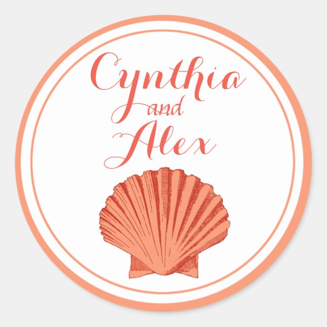 Scallop Seashell Beach Wedding | peach Classic Round Sticker (Front)