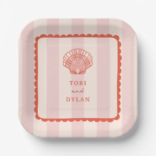 Scallop Seashell Pink Striped Tropical Wedding Paper Plate