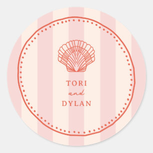 Scallop Seashell Pink Tropical Stripe Wedding Classic Round Sticker
