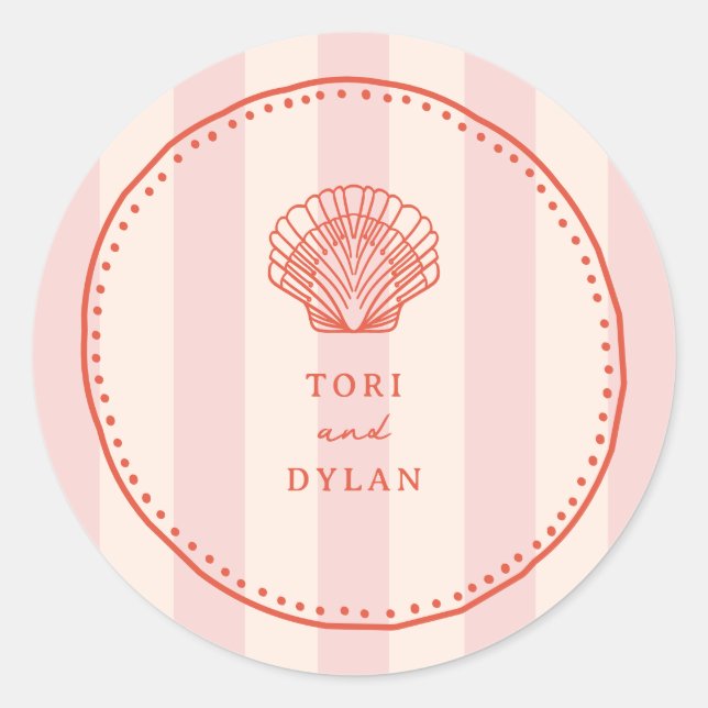 Scallop Seashell Pink Tropical Stripe Wedding Classic Round Sticker (Front)