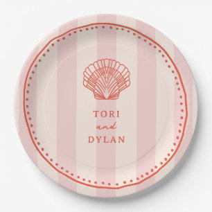 Scallop Seashell Pink Tropical Stripe Wedding Paper Plate