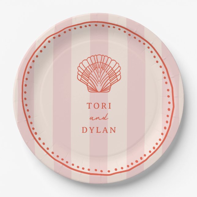 Scallop Seashell Pink Tropical Stripe Wedding Paper Plate (Front)