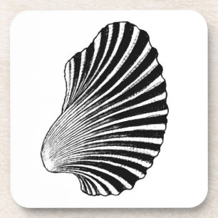 Scallop Shell Block Print, Black and White Coaster