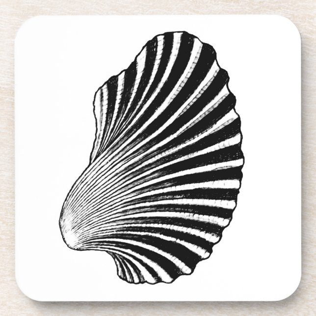 Scallop Shell Block Print, Black and White Coaster (Front)