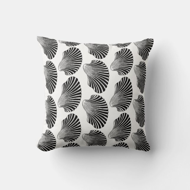 Scallop Shell Block Print, Black and White Cushion (Front)