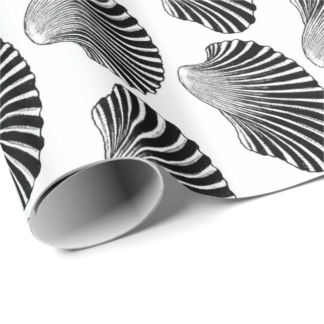 Scallop Shell Block Print, Black and White Wrapping Paper (Roll Corner)