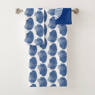 Scallop Shell Block Print, Cobalt Blue and White Bath Towel Set
