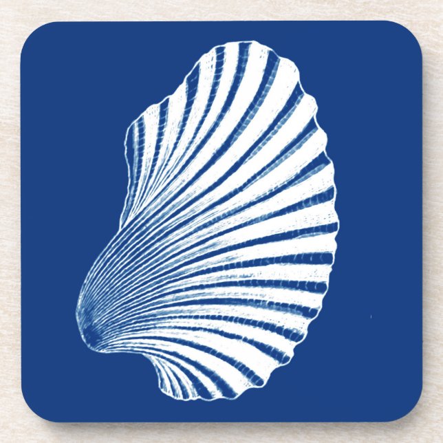Scallop Shell Block Print, Cobalt Blue and White Coaster (Front)