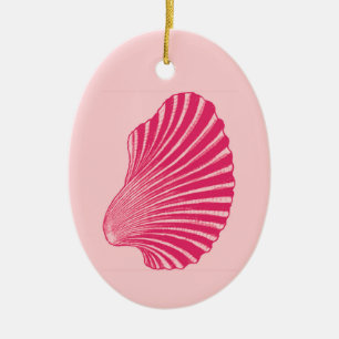 Scallop Shell Block Print, Fuchsia and Pale Pink Ceramic Tree Decoration