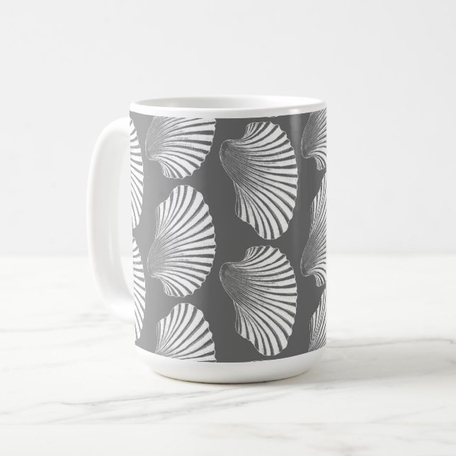 Scallop Shell Block Print, Grey and White  Coffee Mug (Front Left)