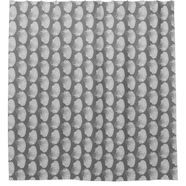 Scallop Shell Block Print, Grey and White  Shower Curtain (Front)