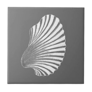 Scallop Shell Block Print, Grey and White  Tile