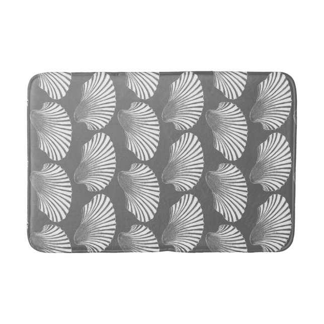 Scallop Shell Block Print, Grey / Grey and White Bath Mat (Front)