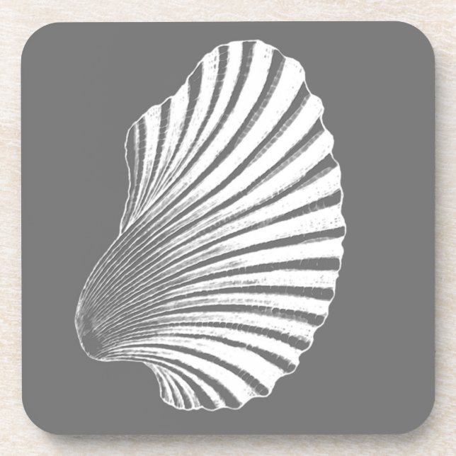 Scallop Shell Block Print, Grey / Grey and White Coaster (Front)