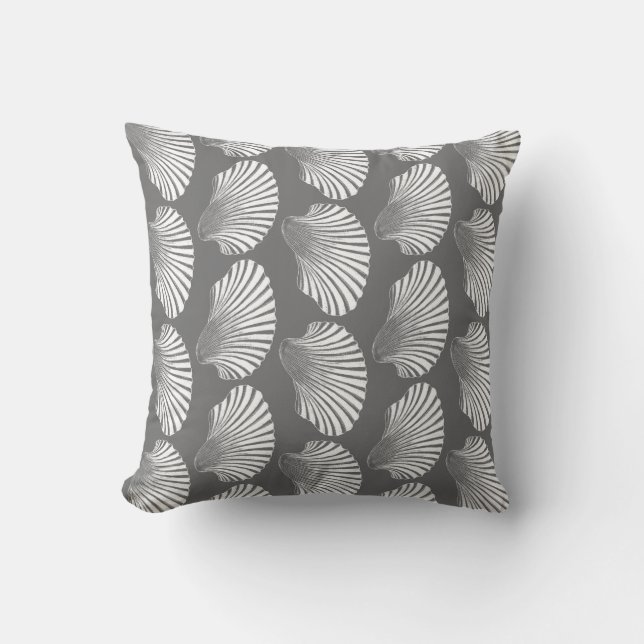 Scallop Shell Block Print, Grey / Grey and White Cushion (Front)