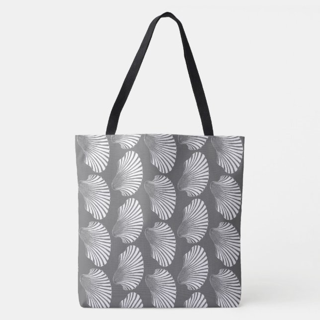 Scallop Shell Block Print, Grey / Grey and White Tote Bag (Front)