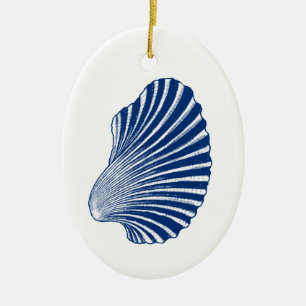 Scallop Shell Block Print, Indigo and White Ceramic Tree Decoration