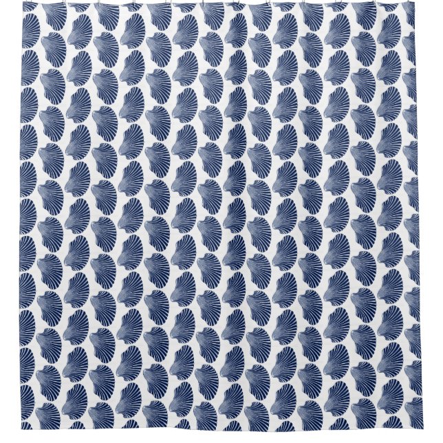 Scallop Shell Block Print, Indigo and White Shower Curtain (Front)