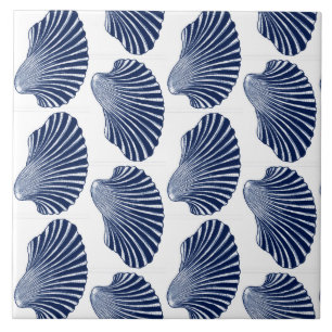 Scallop Shell Block Print, Indigo and White Tile