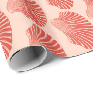 Scallop Shell Block Print, Light Coral Orange Wrapping Paper